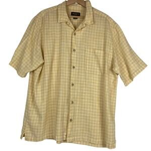 Eddie Bauer Button Shirt Men TXL Yellow Check Plaid Short Sleeve Linen Blend